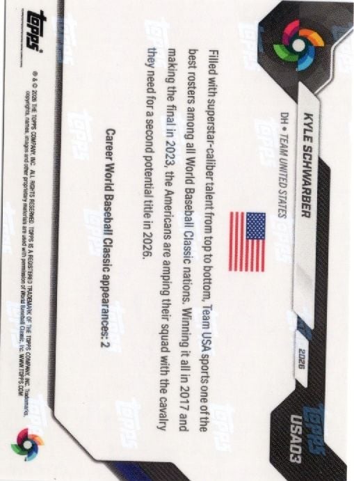 2026 Topps Now WBC Kyle Schwarber #USA03 Green Foil /99 Team USA Baseball Card