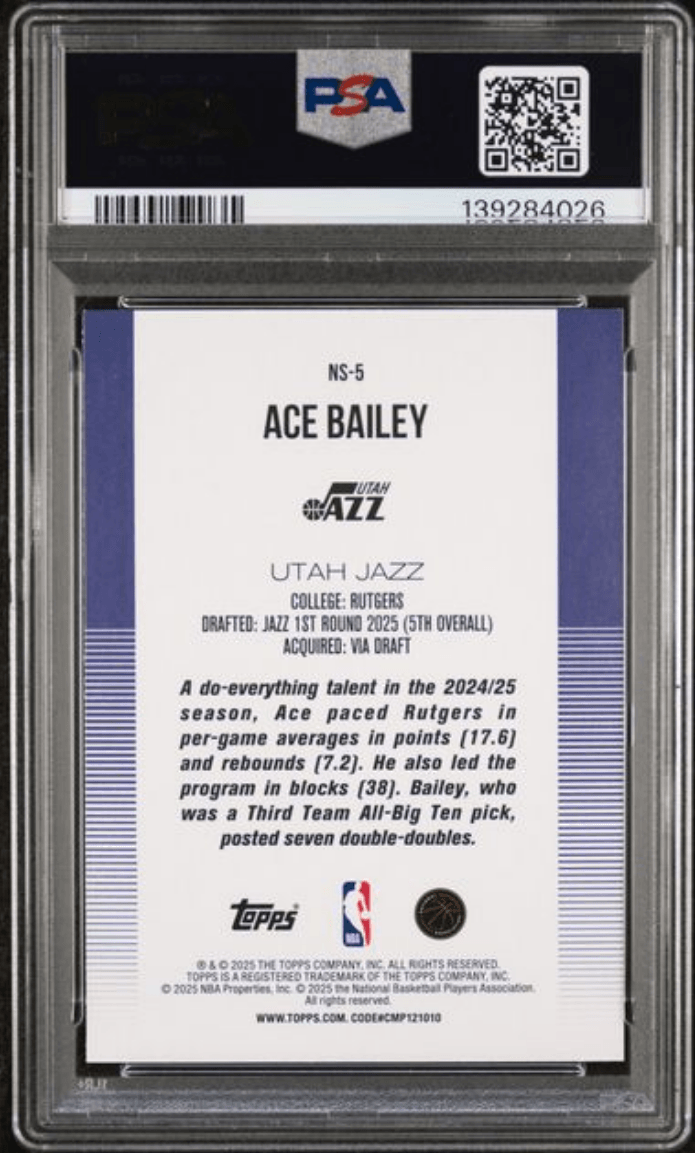 Graded 2025 Topps Ace Bailey #NS5 New School Rookie RC Basketball Card PSA 10 Gem Mint
