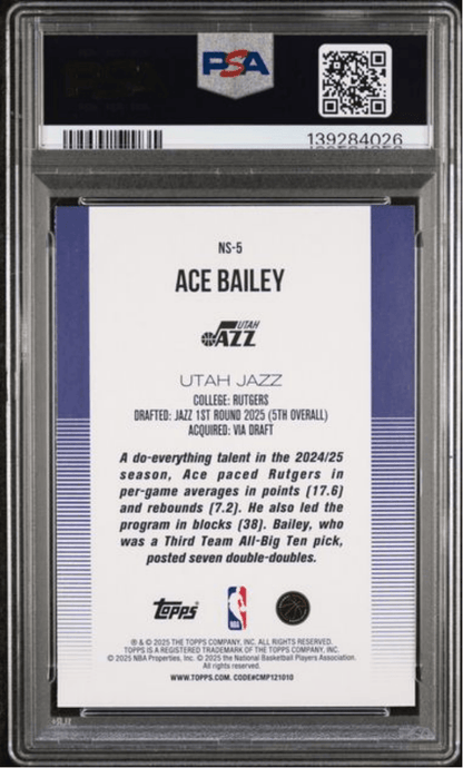 Graded 2025 Topps Ace Bailey #NS5 New School Rookie RC Basketball Card PSA 10 Gem Mint