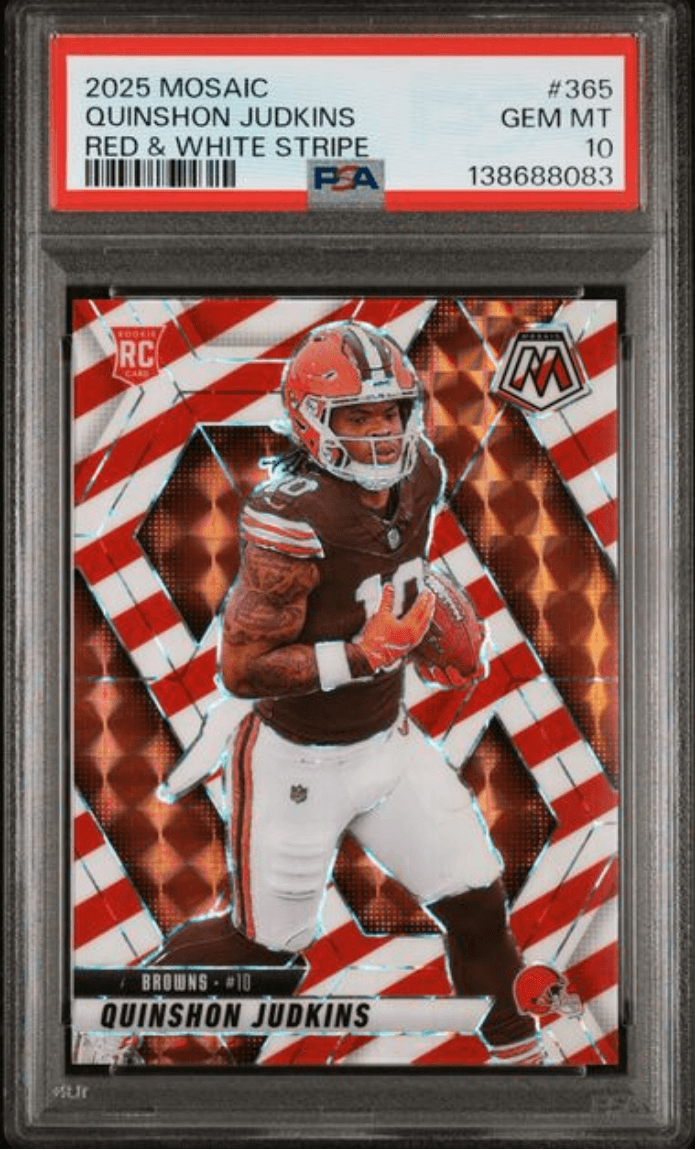 Graded 2025 Panini Mosaic Quinshon Judkins #365 Red & White Stripe Rookie RC Football Card PSA 10 Gem Mint