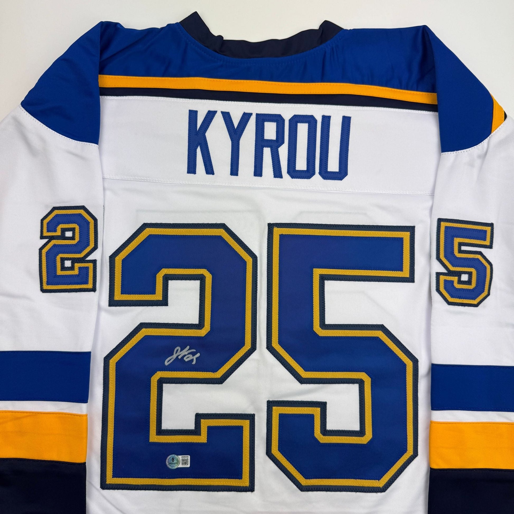 Autographed/Signed Jordan Kyrou St. Louis White Hockey Jersey Beckett BAS COA