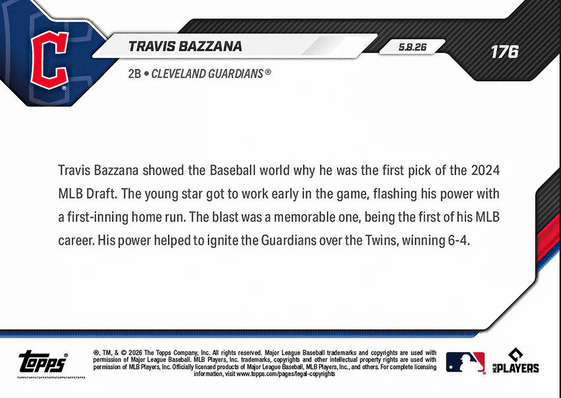 2026 Topps Now Travis Bazzana #176 Top Prospect's 1st Home Run Caps Off Memorable Night Cleveland Guardians Rookie RC Baseball Card