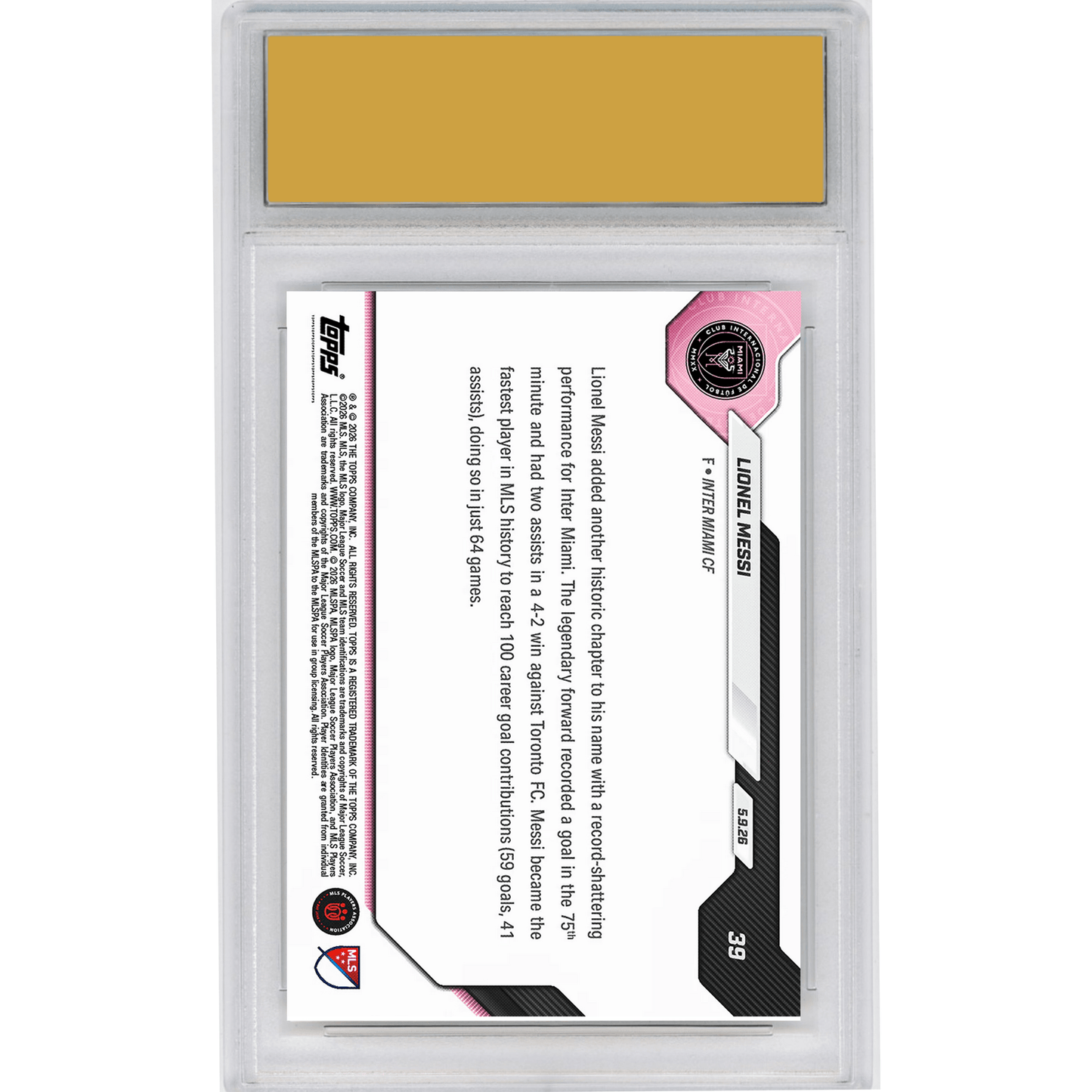 Graded 2026 Topps Now Lionel Messi #39 100th Goal Contribution Shatters MLS Record in Win Inter Miami Soccer Card HOFSM 10 Gem Mint
