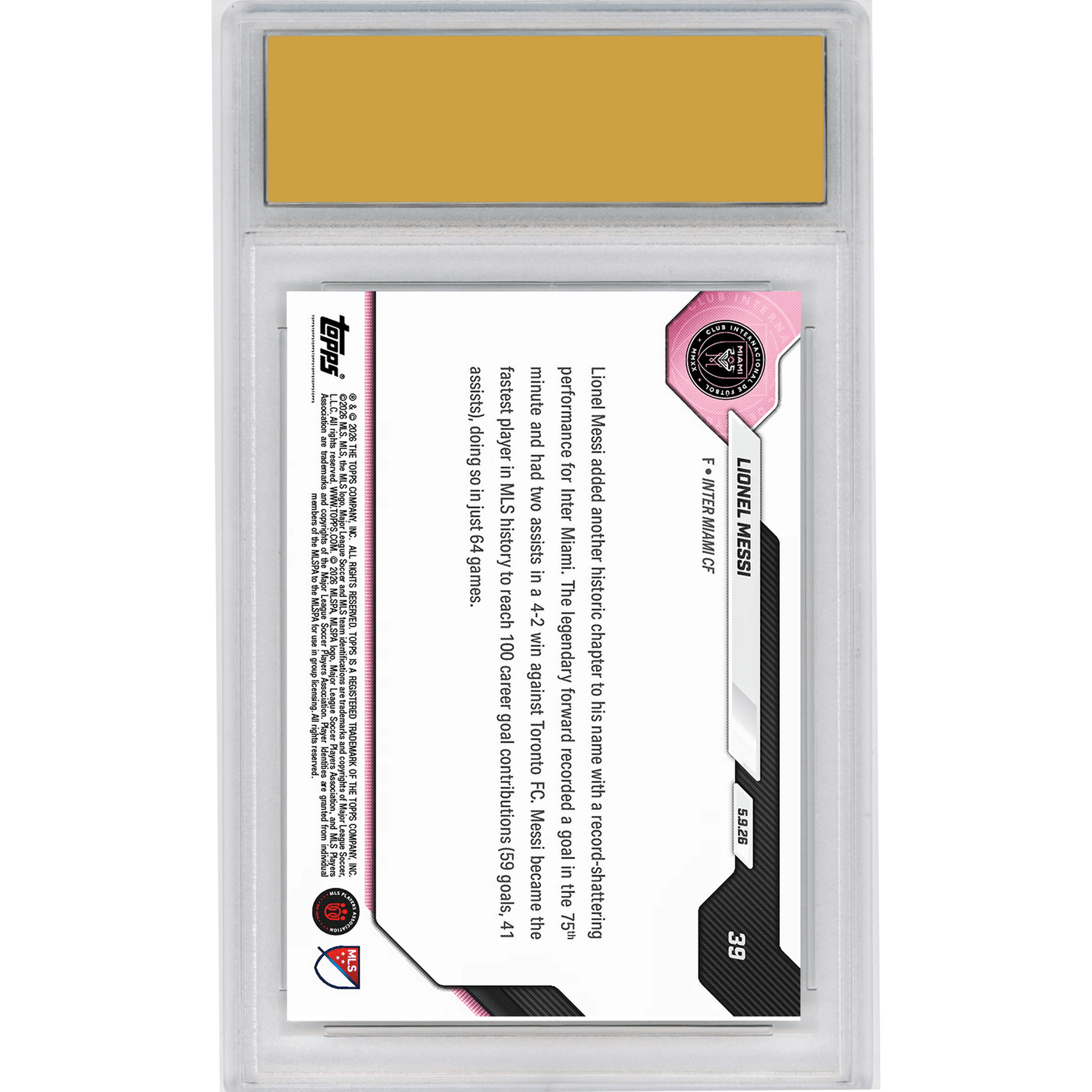 Graded 2026 Topps Now Lionel Messi #39 100th Goal Contribution Shatters MLS Record in Win Inter Miami Soccer Card HOFSM 10 Gem Mint