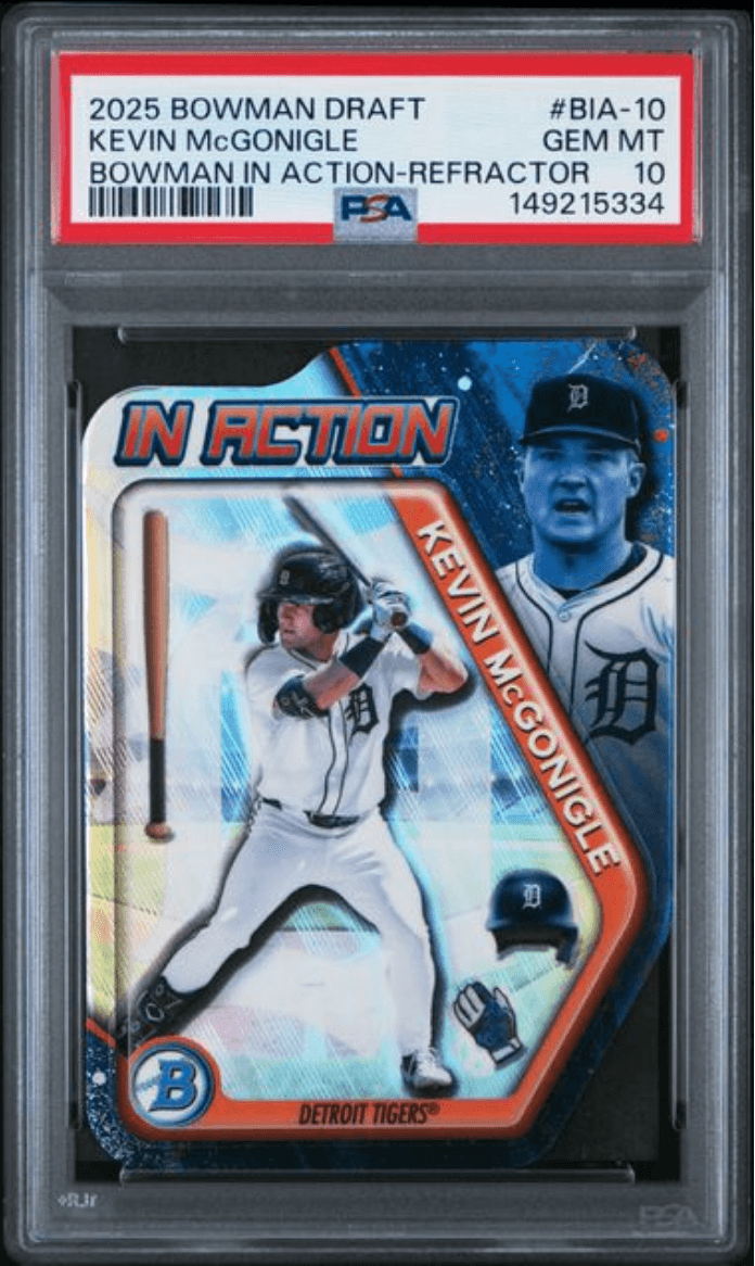 Graded 2025 Topps Bowman Draft Kevin McGonigle #BIA10 Bowman In Action Refractor Rookie RC Baseball Card PSA 10 Gem Mint