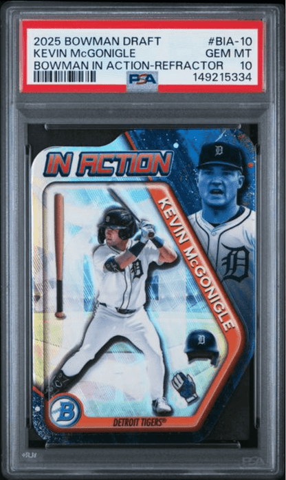 Graded 2025 Topps Bowman Draft Kevin McGonigle #BIA10 Bowman In Action Refractor Rookie RC Baseball Card PSA 10 Gem Mint