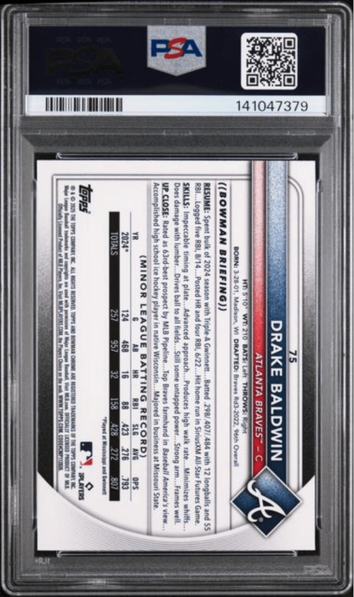 Graded 2025 Topps Bowman Chrome Drake Baldwin #75 Rookie RC Baseball Card PSA 10 Gem Mint