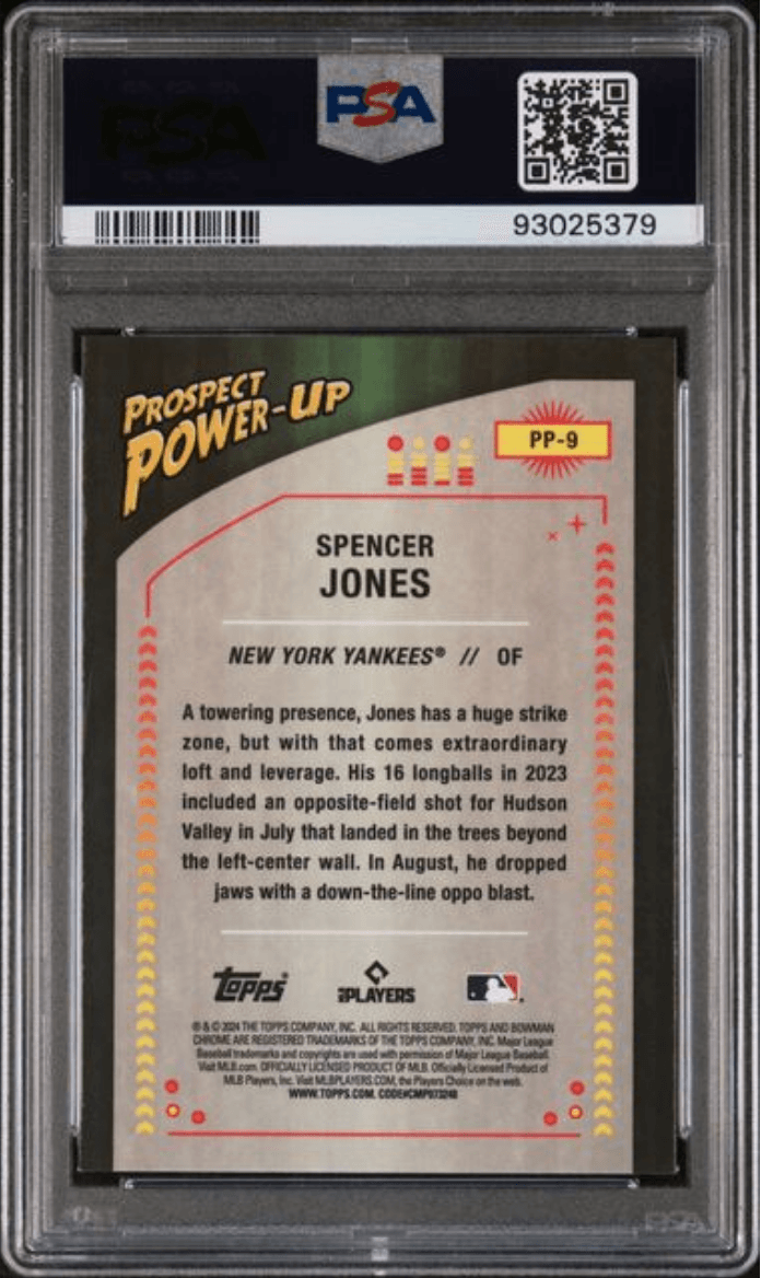Graded 2024 Topps Bowman Spencer Jones #PP9 Prospect Power Up Rookie RC Baseball Card PSA 10 Gem Mint
