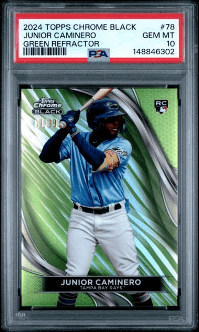 Graded 2024 Topps Chrome Black Junior Jaminero #78 Green Refractor /99 Rookie RC Baseball Card PSA 10 Gem Mint