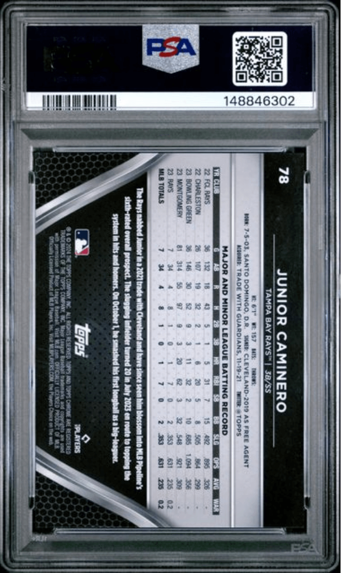 Graded 2024 Topps Chrome Black Junior Jaminero #78 Green Refractor /99 Rookie RC Baseball Card PSA 10 Gem Mint