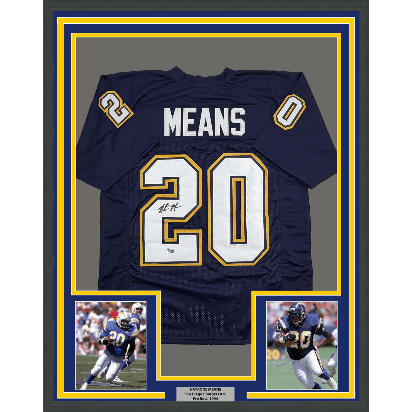 Framed Autographed/Signed Natrone Means 35x39 Los Angeles San Diego Navy Blue Football Jersey Beckett BAS COA