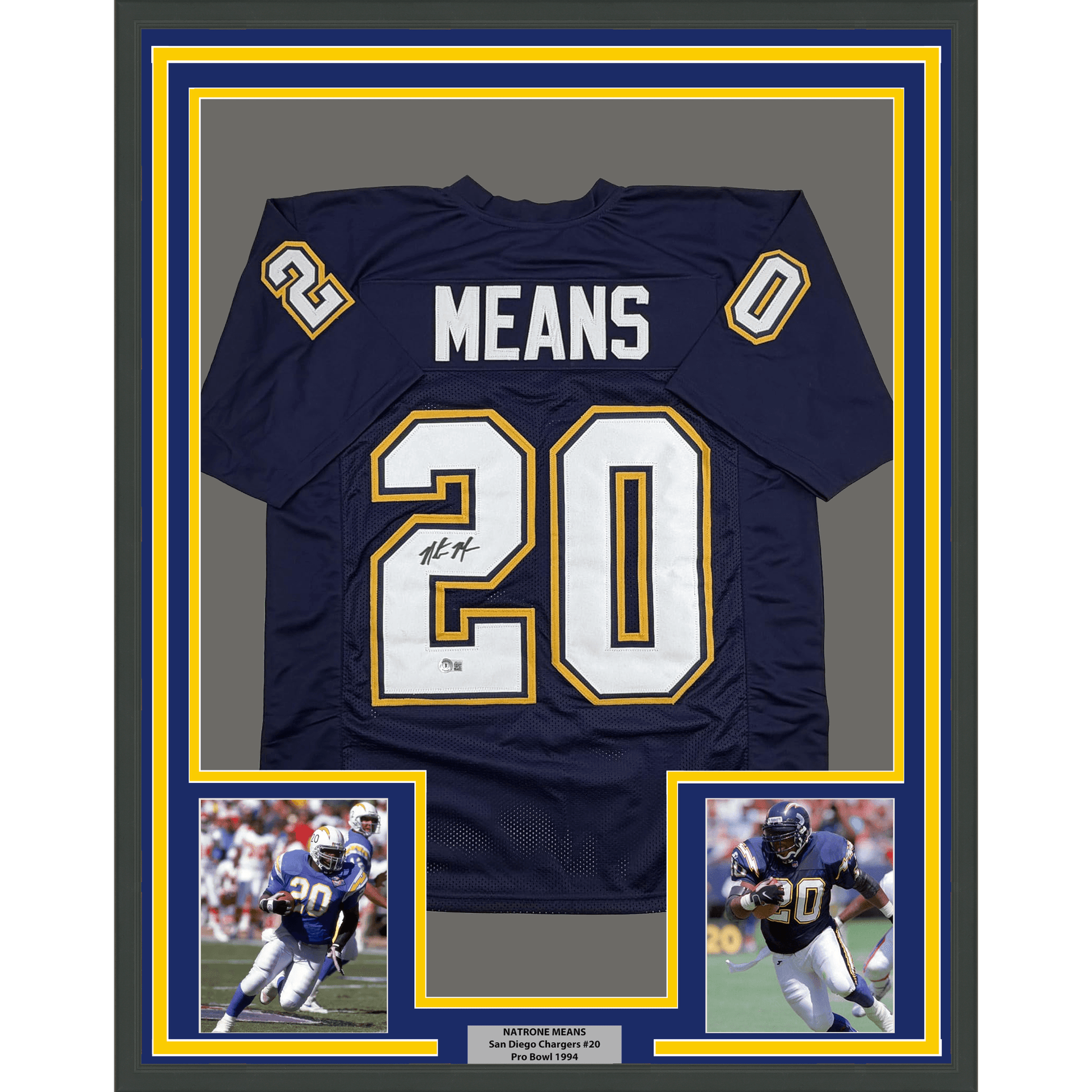 Framed Autographed/Signed Natrone Means 35x39 Los Angeles San Diego Navy Blue Football Jersey Beckett BAS COA
