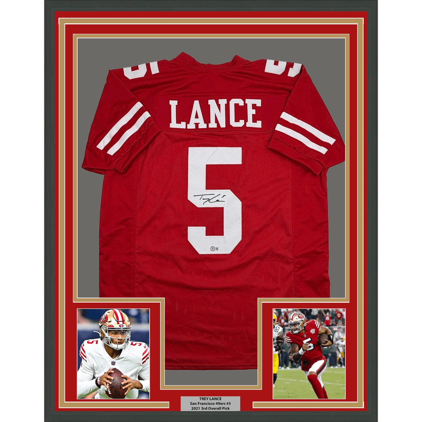 Framed AutographedTrey Lance 35x39 San Francisco Red Football Jersey Beckett BAS COA