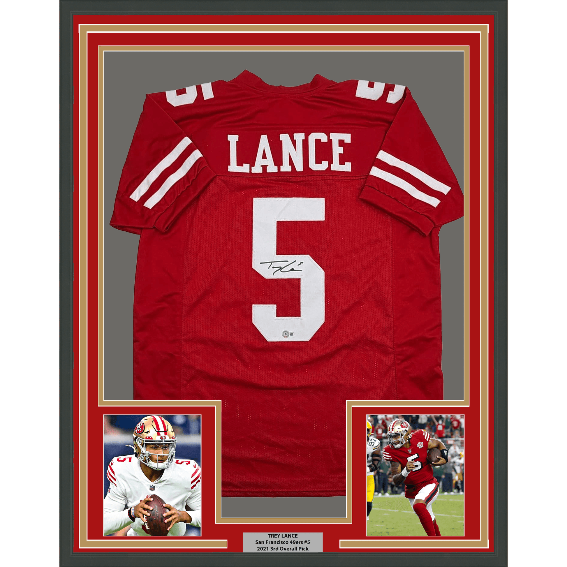 Framed AutographedTrey Lance 35x39 San Francisco Red Football Jersey Beckett BAS COA