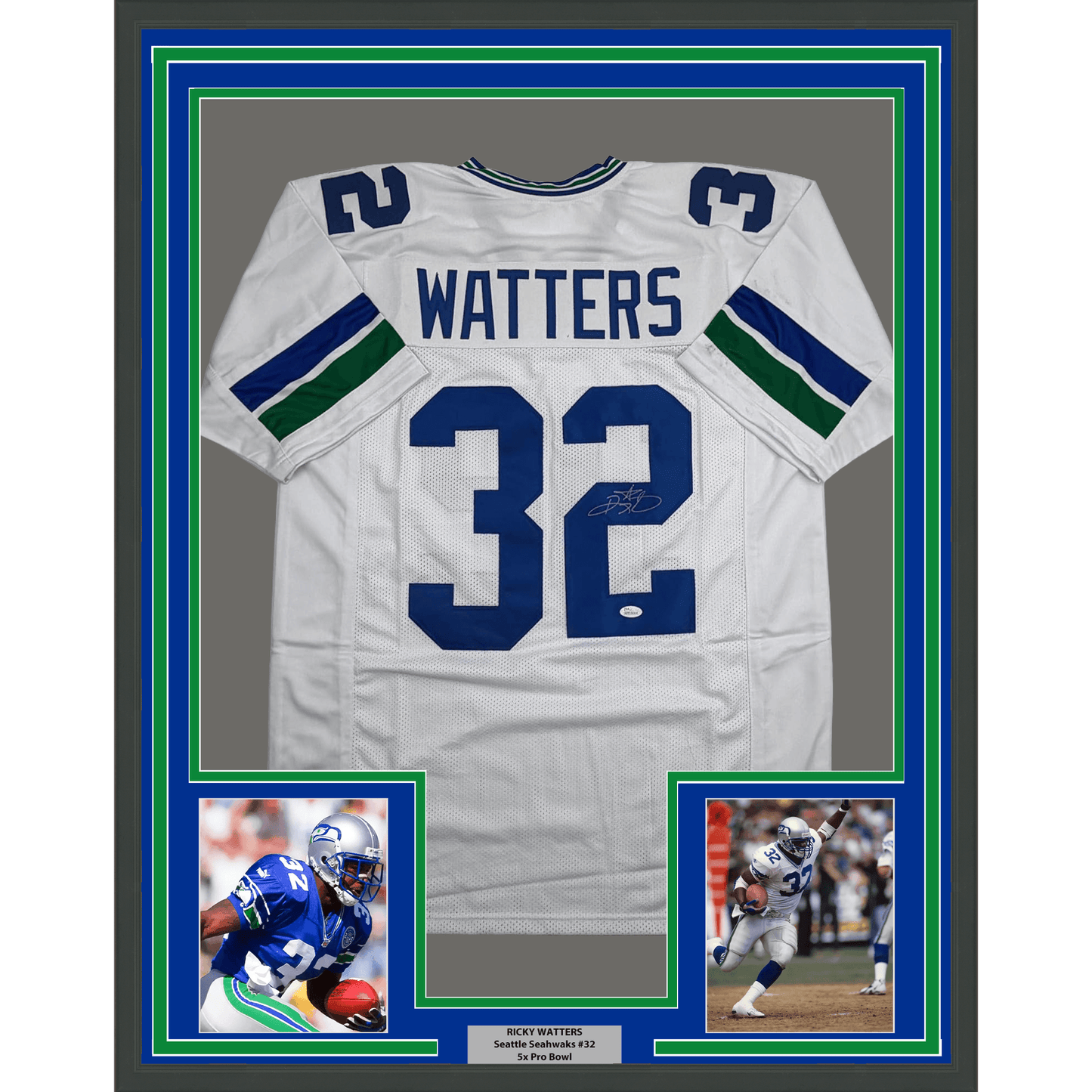 Framed Autographed/Signed Ricky Watters 35x39 Seattle White Football Jersey Beckett BAS COA