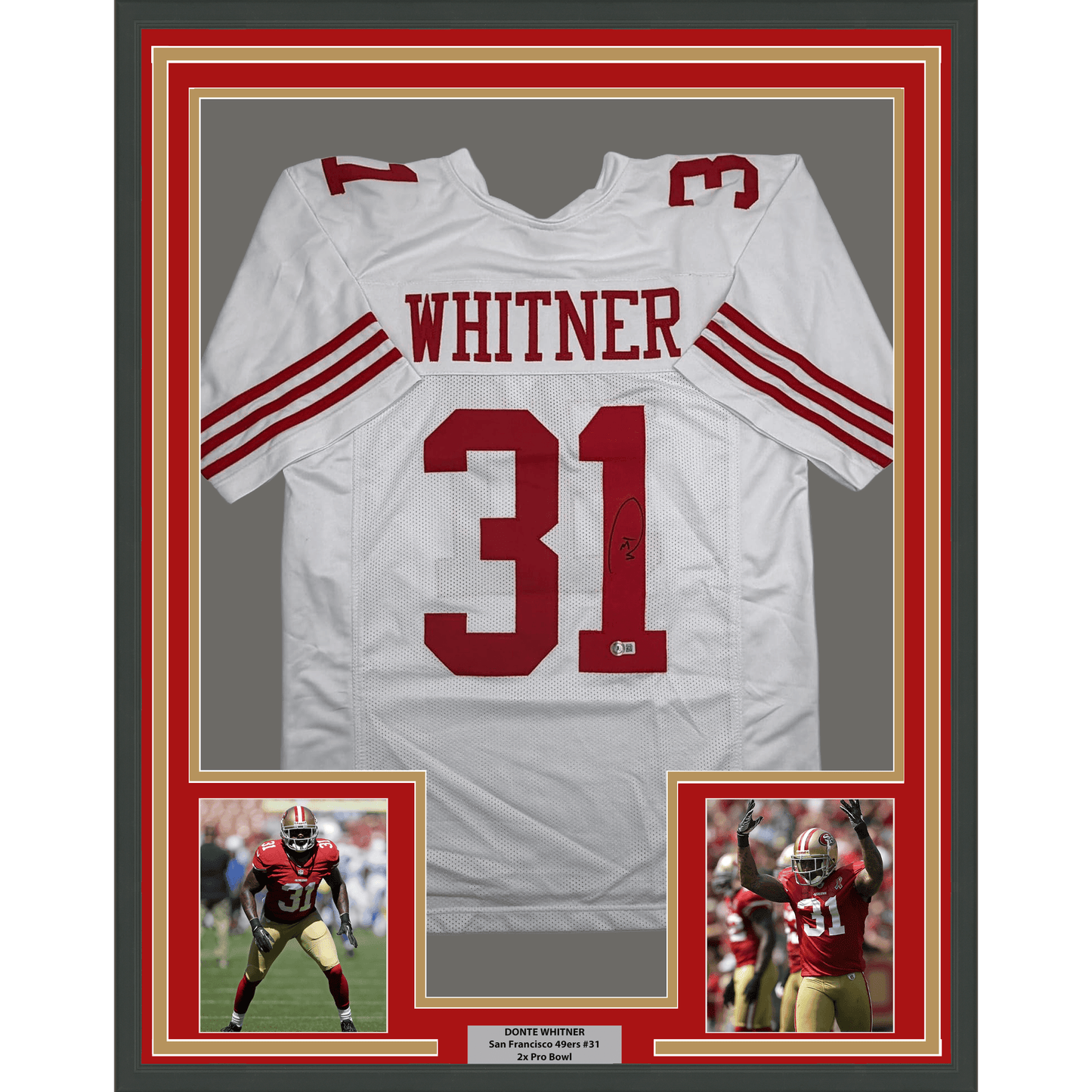 Framed Autographed/Signed Donte Whitner 35x39 San Francisco White Football Jersey Beckett BAS COA