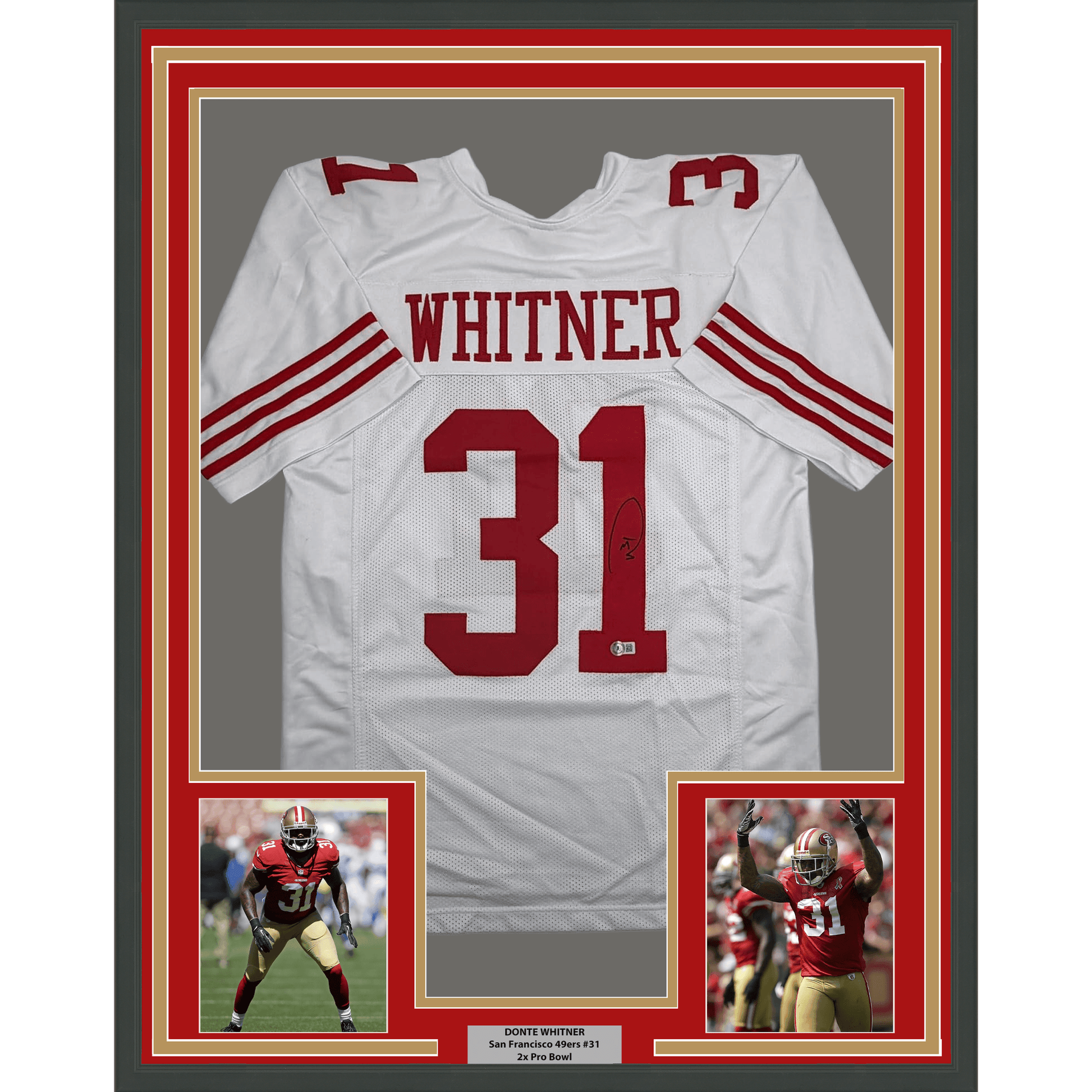 Framed Autographed/Signed Donte Whitner 35x39 San Francisco White Football Jersey Beckett BAS COA