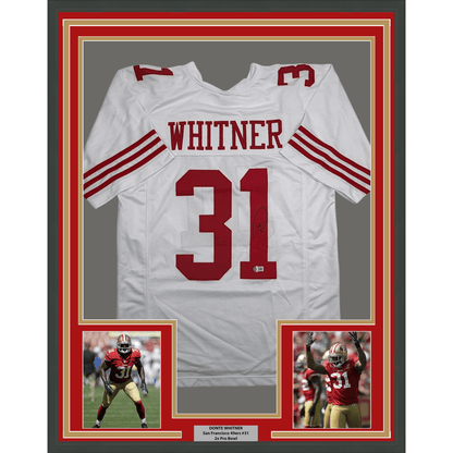 Framed Autographed/Signed Donte Whitner 35x39 San Francisco White Football Jersey Beckett BAS COA