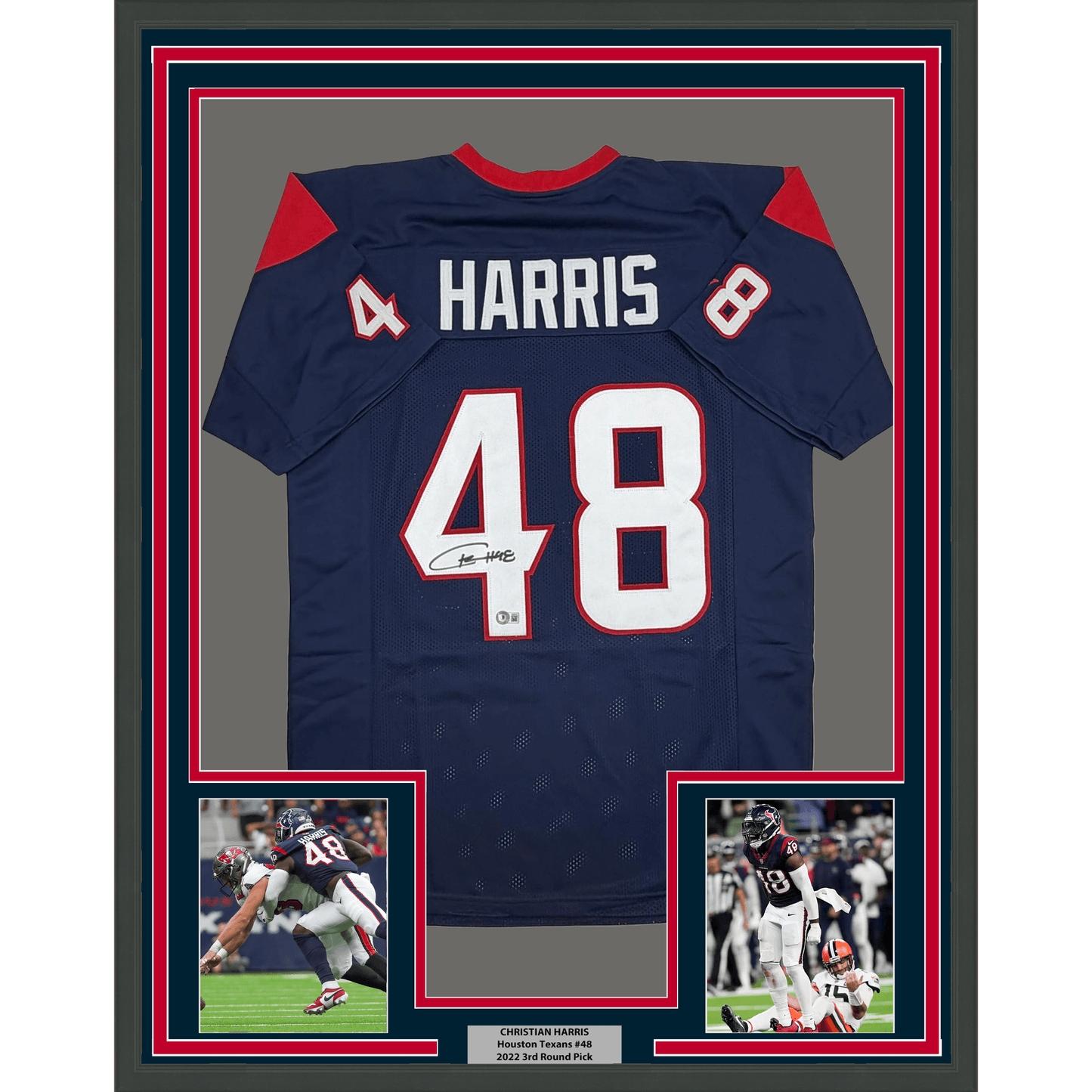 Framed Autographed/Signed Christian Harris 35x39 Houston Blue Football Jersey Beckett BAS COA