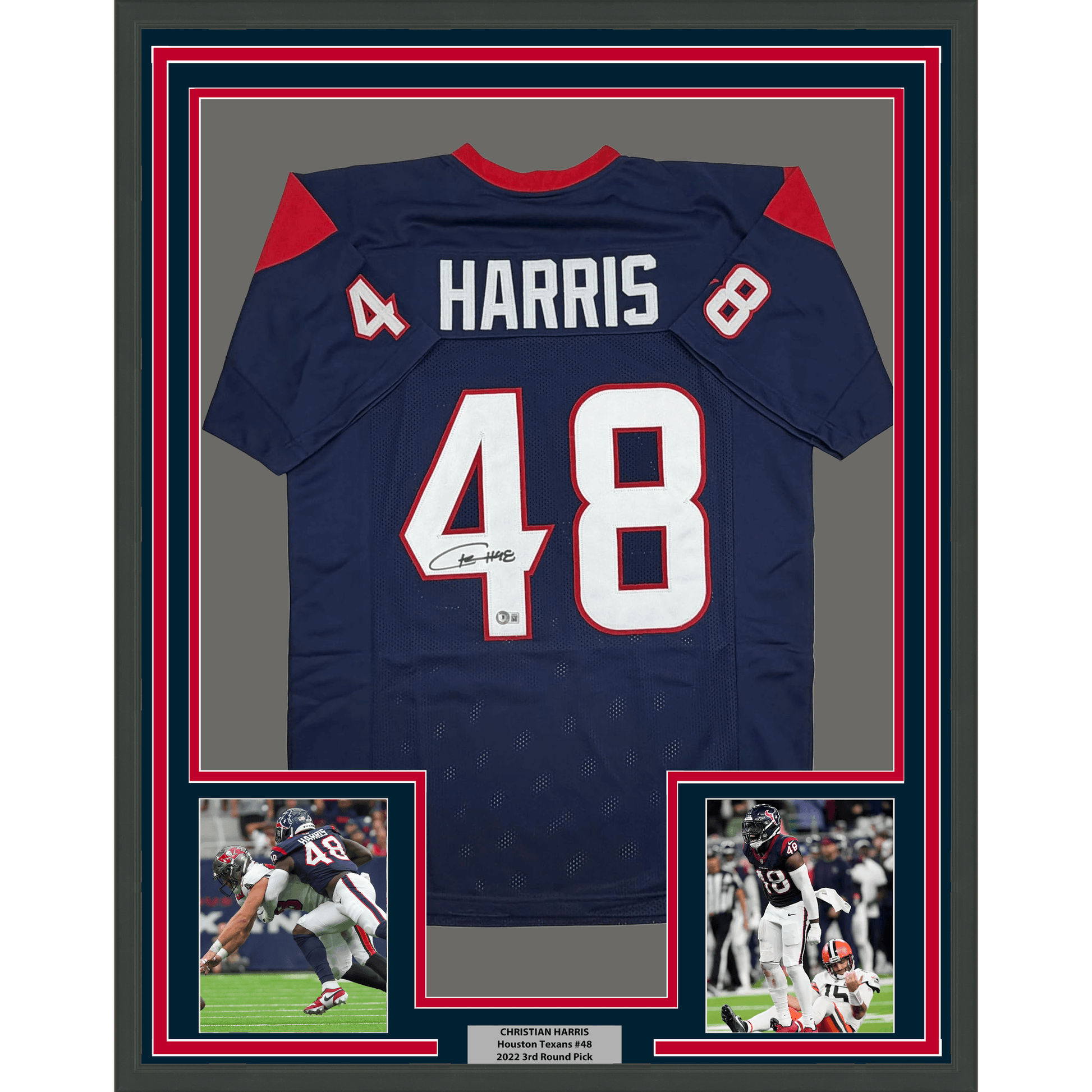 Framed Autographed/Signed Christian Harris 35x39 Houston Blue Football Jersey Beckett BAS COA