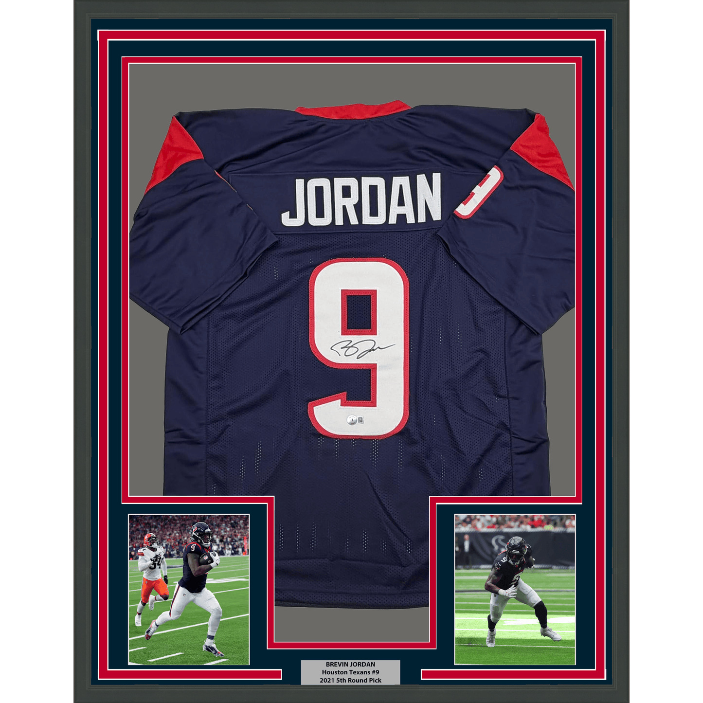 Framed Autographed/Signed Brevin Jordan 35x39 Houston Blue Football Jersey Beckett BAS COA
