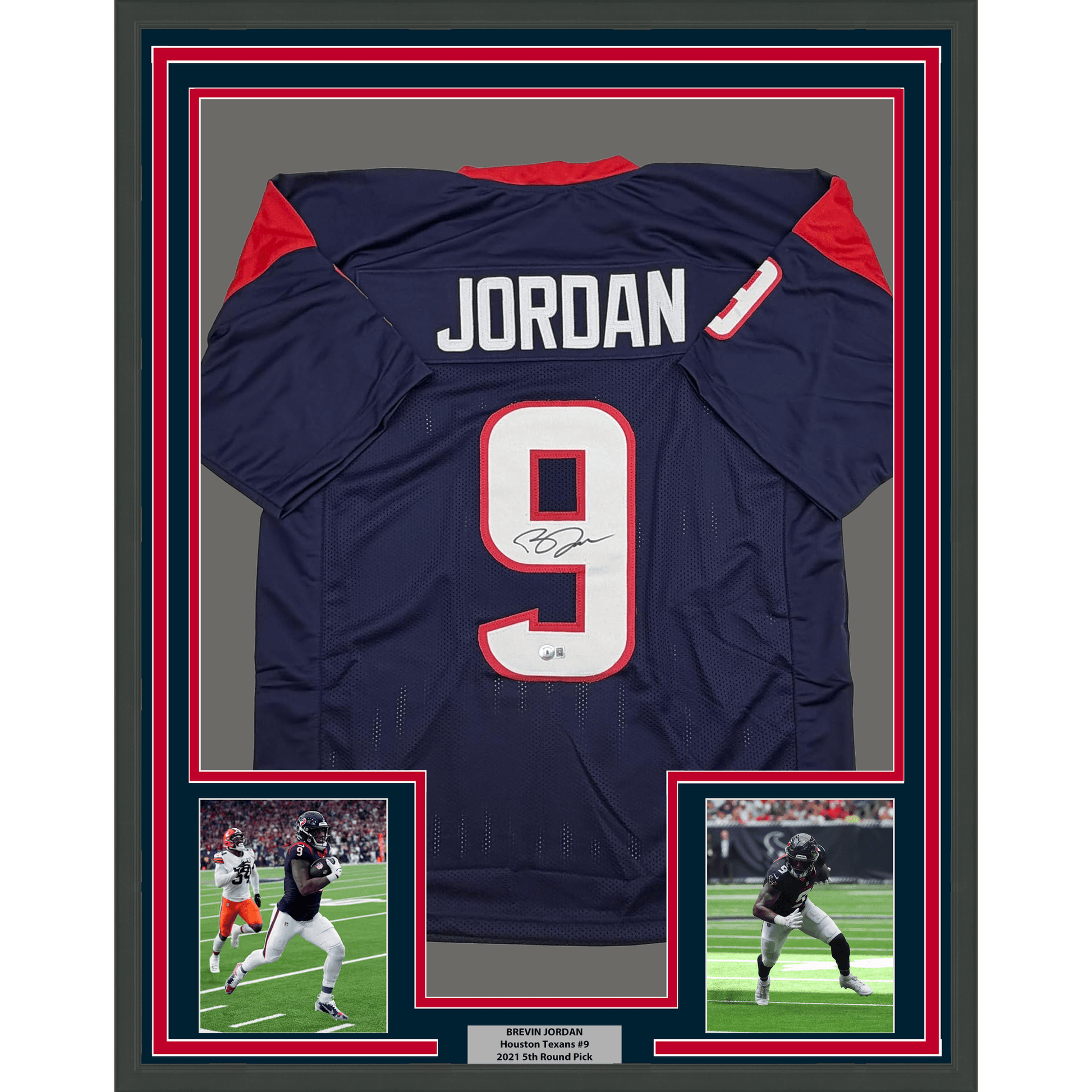 Framed Autographed/Signed Brevin Jordan 35x39 Houston Blue Football Jersey Beckett BAS COA
