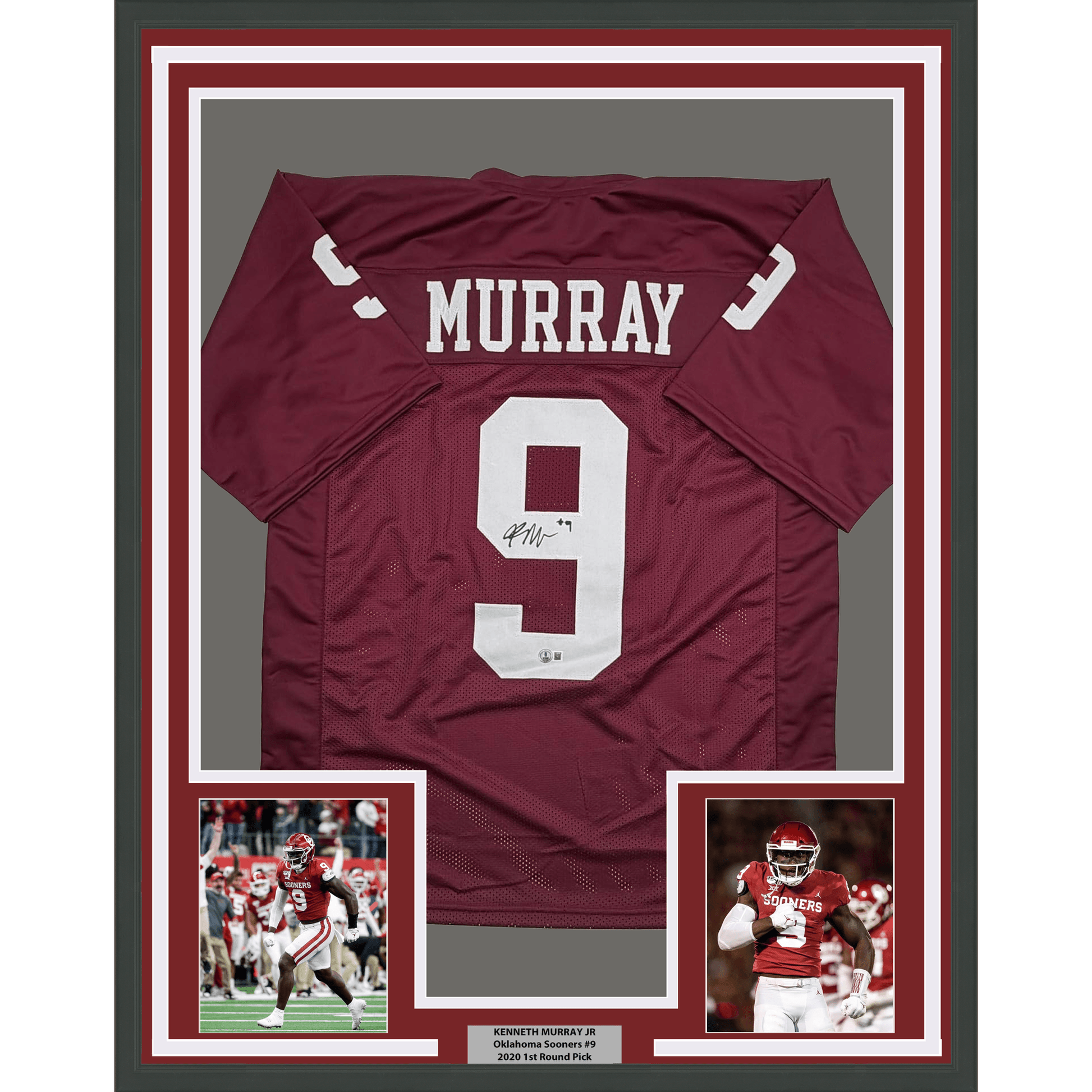 Framed Autographed/Signed Kenneth Murray Jr. 35x39 Oklahoma Maroon College Football Jersey Beckett BAS COA