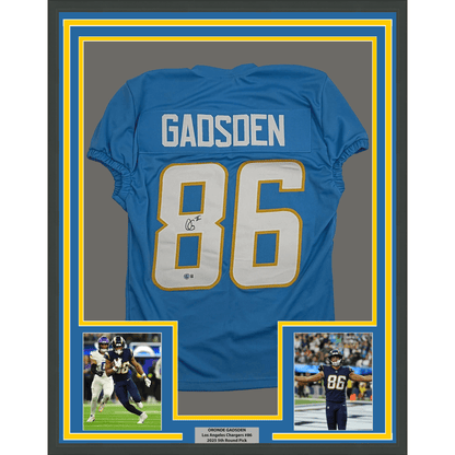 Framed Autographed/Signed Oronde Gadsden 35x39 Los Angeles San Diego Powder Blue Pro Cut Football Jersey Beckett BAS COA