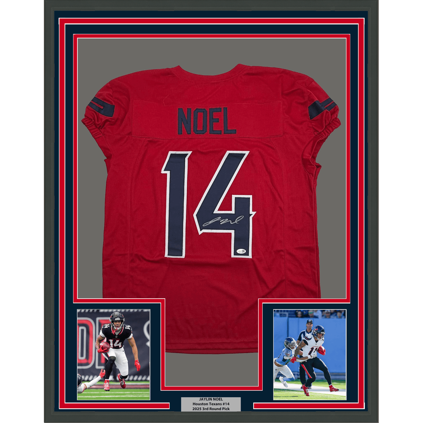Framed Autographed/Signed Jaylin Noel 35x39 Houston Red Pro Cut Football Jersey JSA COA