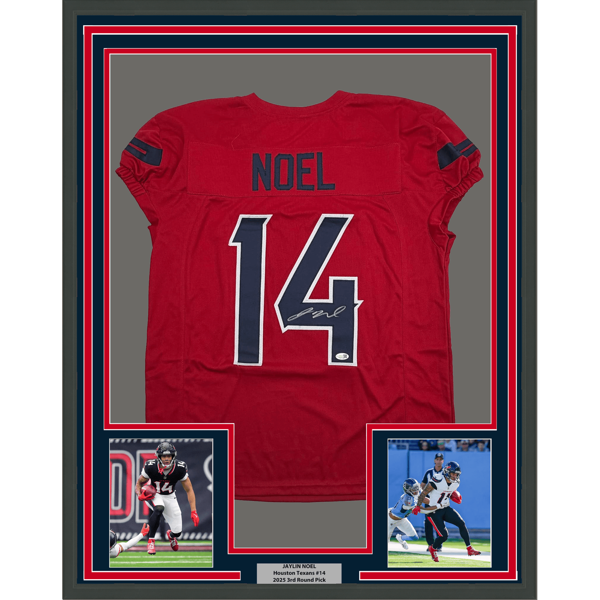 Framed Autographed/Signed Jaylin Noel 35x39 Houston Red Pro Cut Football Jersey JSA COA