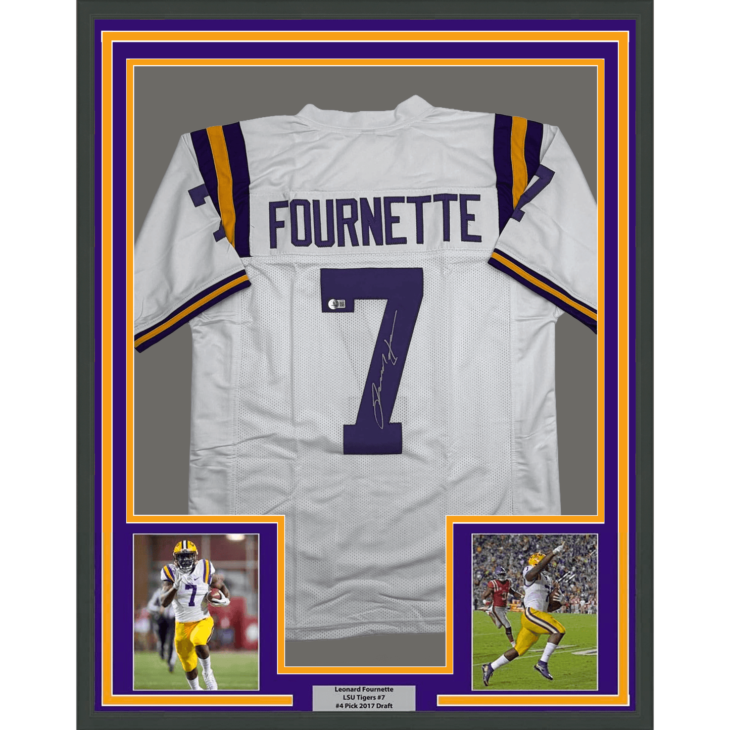 Framed Autographed/Signed Leonard Fournette 35x39 LSU White College Football Jersey Beckett BAS COA