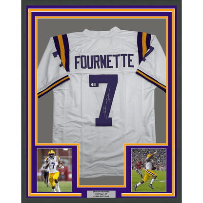 Framed Autographed/Signed Leonard Fournette 35x39 LSU White College Football Jersey Beckett BAS COA