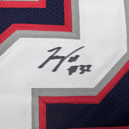 Framed Autographed/Signed TreVeyon Henderson 35x39 New England Blue Football Jersey Beckett BAS COA