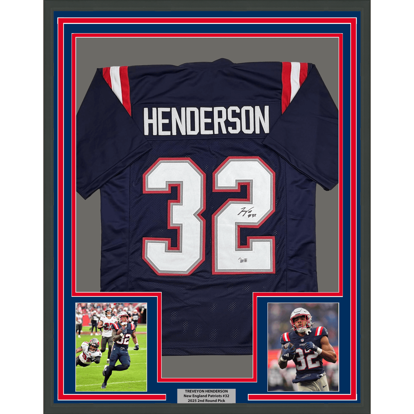 Framed Autographed/Signed TreVeyon Henderson 35x39 New England Blue Football Jersey Beckett BAS COA