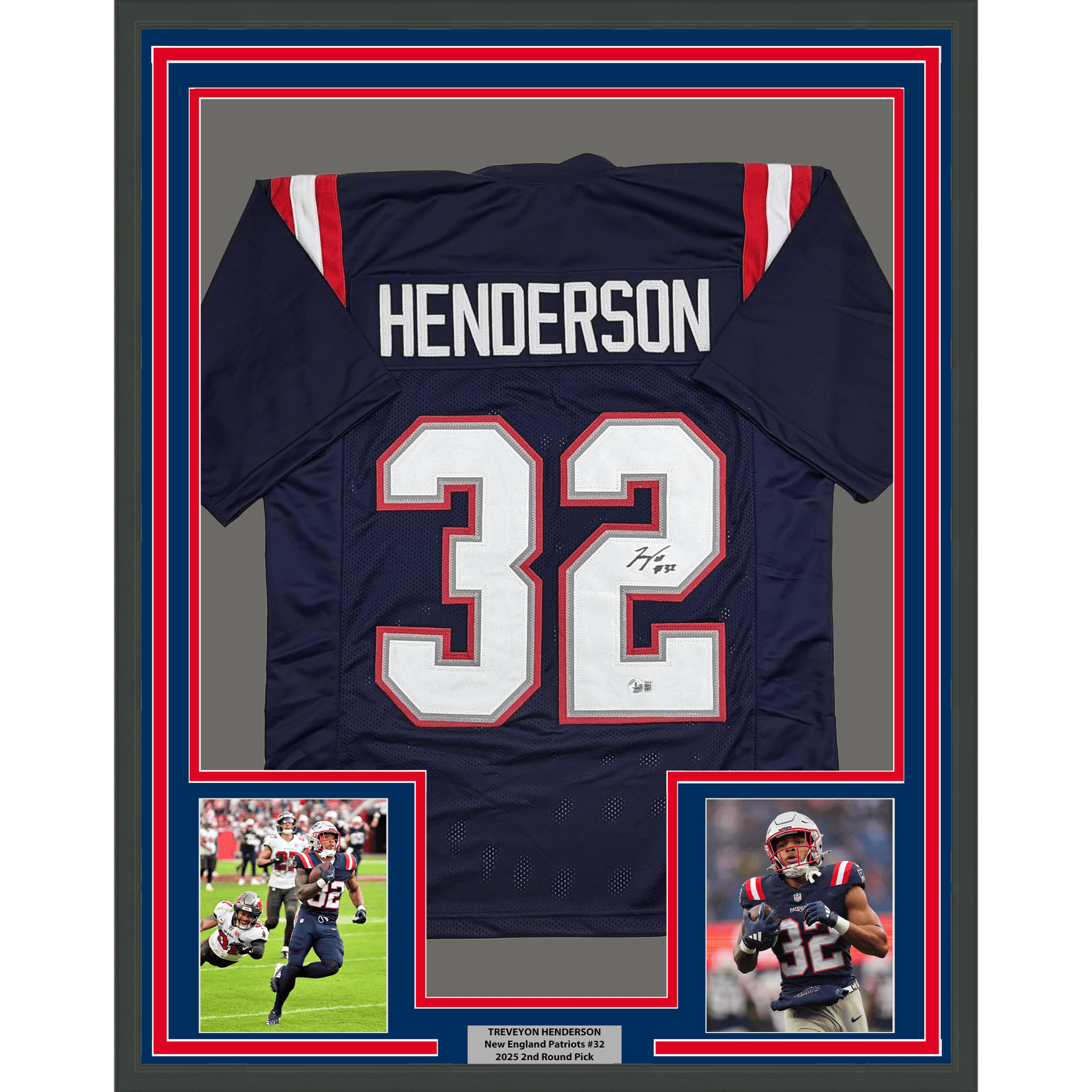 Framed Autographed/Signed TreVeyon Henderson 35x39 New England Blue Football Jersey Beckett BAS COA