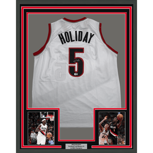 Framed Autographed/Signed Jrue Holiday 35x39 Portland White Basketball Jersey Beckett BAS COA