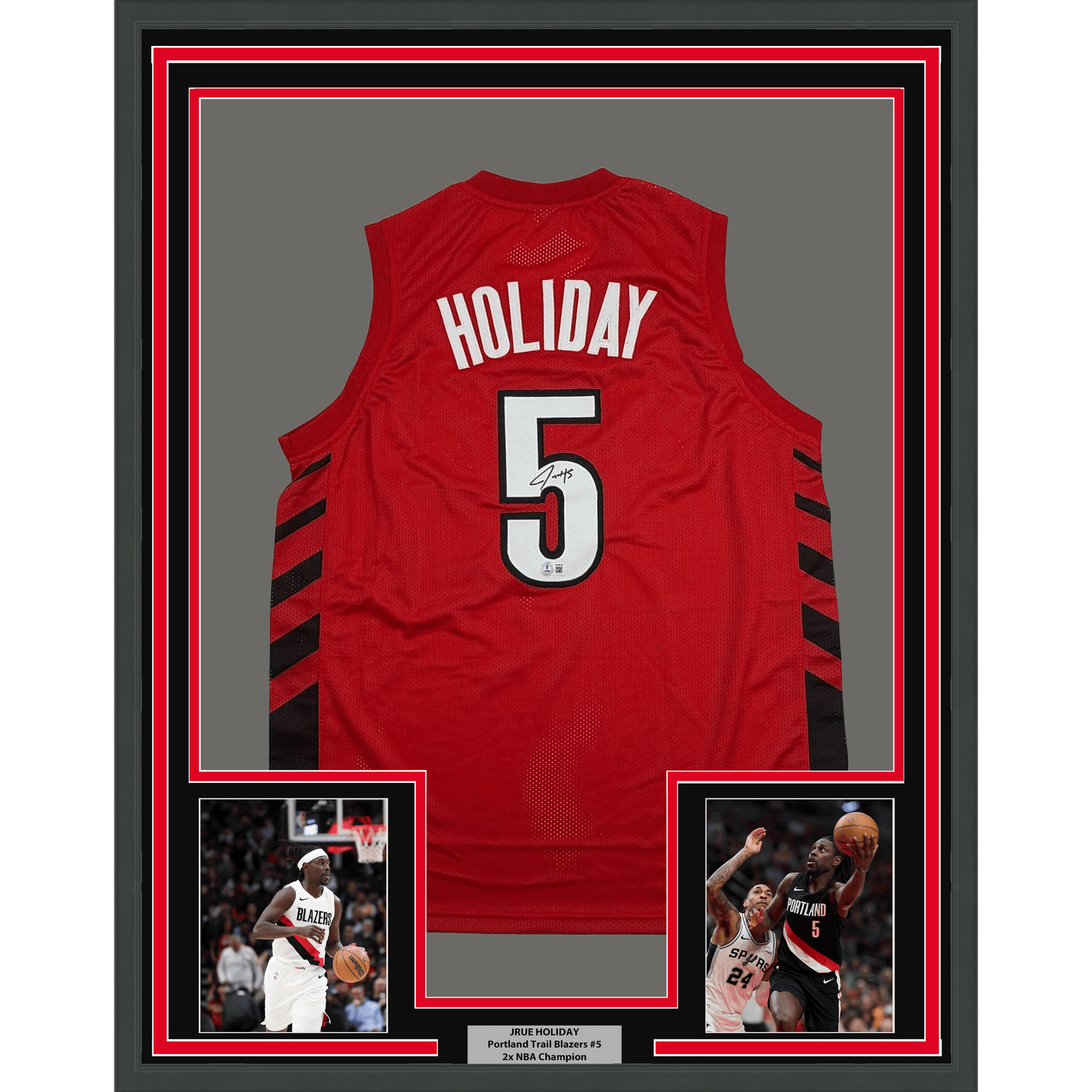 Framed Autographed/Signed Jrue Holiday 35x39 Portland Red Basketball Jersey Beckett BAS COA