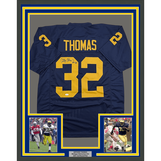 Framed Autographed/Signed Anthony Thomas 35x39 Michigan Blue College Football Jersey JSA COA