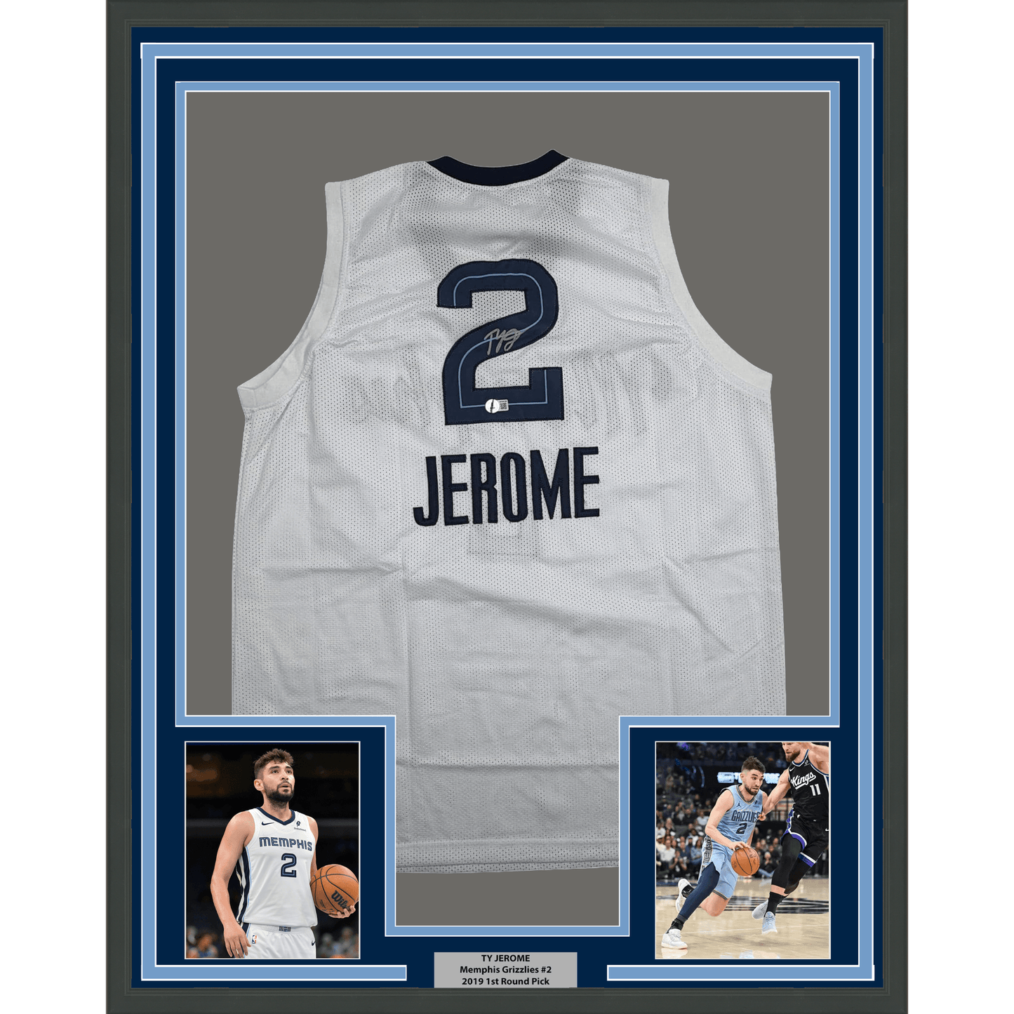 Framed Autographed/Signed Ty Jerome 35x39 Memphis White Basketball Jersey Beckett BAS COA