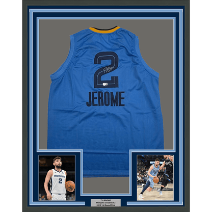 Framed Autographed/Signed Ty Jerome 35x39 Memphis Light Blue Basketball Jersey Beckett BAS COA