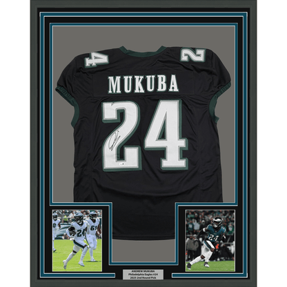 Framed Autographed/Signed Andrew Mukuba 35x39 Philadelphia Black Pro Cut Football Jersey JSA COA