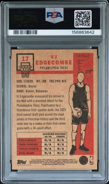 Graded 2026 Topps Living VJ Edgecombe #17 Background Variation Rookie RC Basketball Card PSA 9 Mint