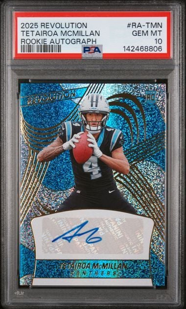 Graded 2025 Panini Revolution Tetairoa McMillan #RATMN /299 Rookie Autograph Rookie RC Football Card PSA 10 Gem Mint