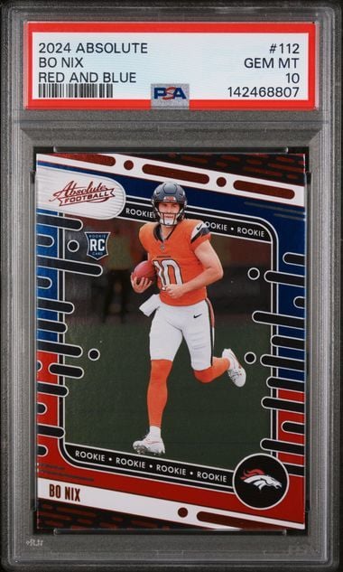 Graded 2024 Panini Absolute Bo Nix #112 Red and Blue Rookie RC Football Card PSA 10 Gem Mint