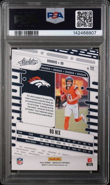 Graded 2024 Panini Absolute Bo Nix #112 Red and Blue Rookie RC Football Card PSA 10 Gem Mint