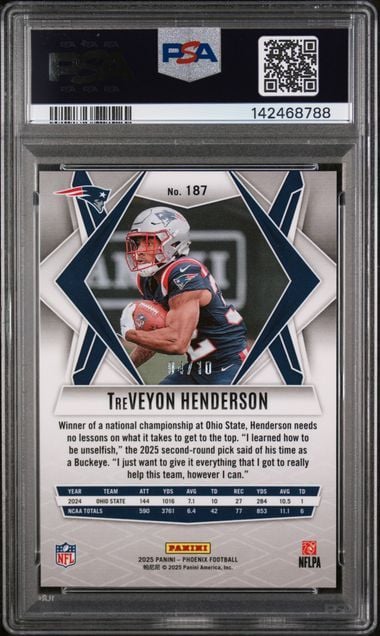 Graded 2025 Panini Phoenix TreVeyon Henderson #187 /10 Colorburst Rookie RC Football Card PSA 10 Gem Mint