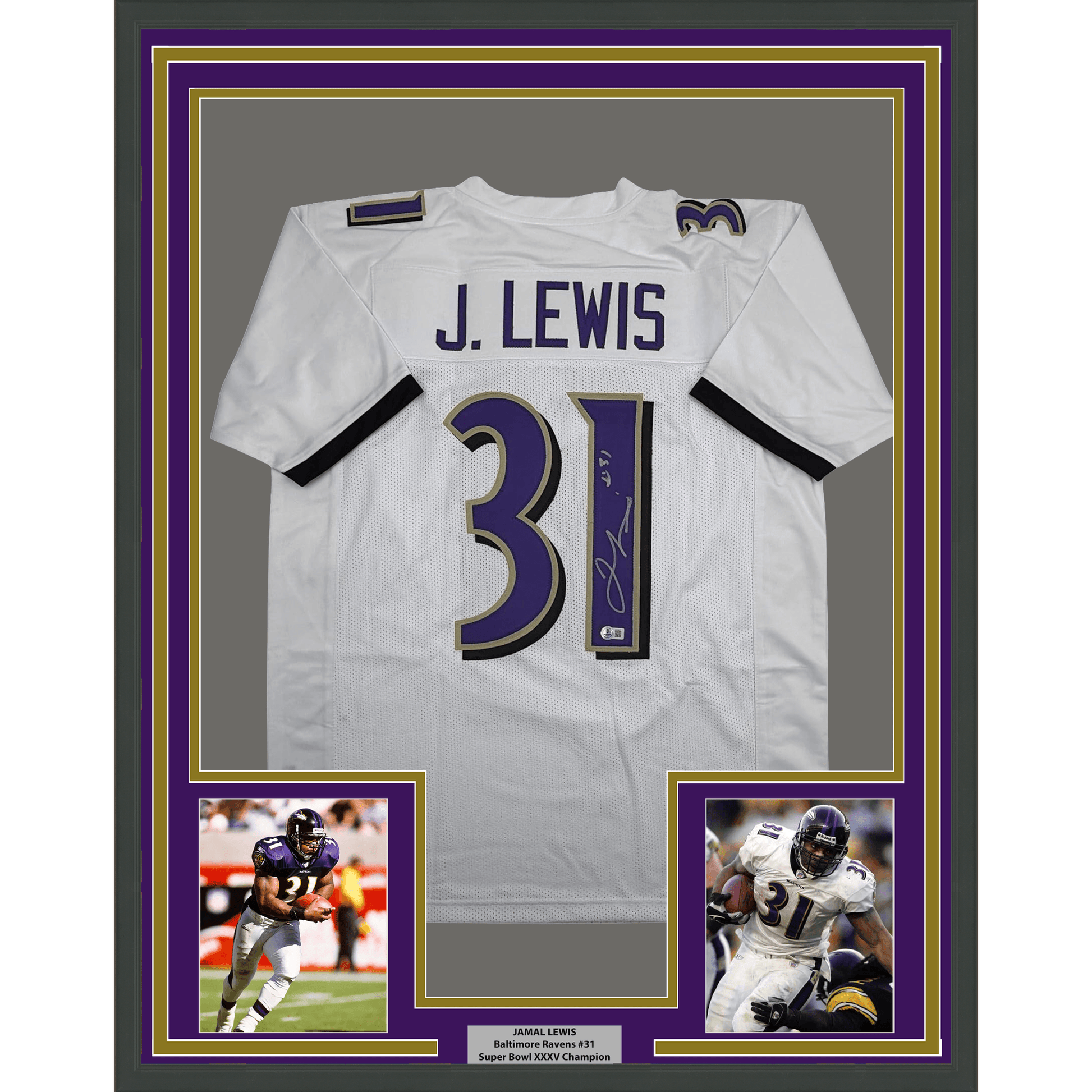 Framed Autographed/Signed Jamal Lewis 35x39 Baltimore White Football Jersey Beckett BAS COA