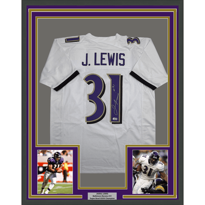 Framed Autographed/Signed Jamal Lewis 35x39 Baltimore White Football Jersey Beckett BAS COA