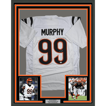 Framed Autographed/Signed Myles Murphy 35x39 Cincinnati White Football Jersey JSA COA