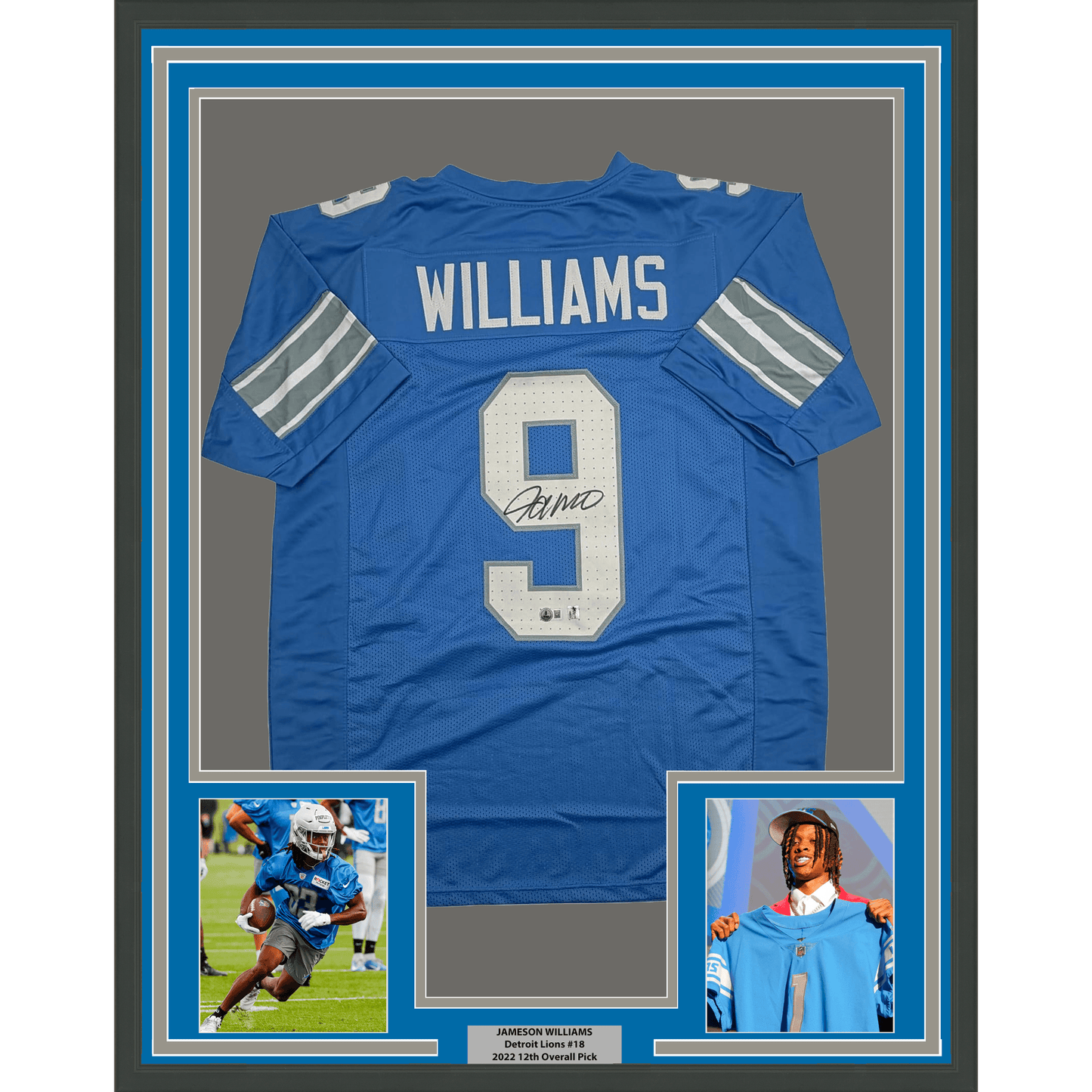 Framed Autographed/Signed Jameson Williams 35x39 Detroit Blue Football Jersey Beckett BAS COA